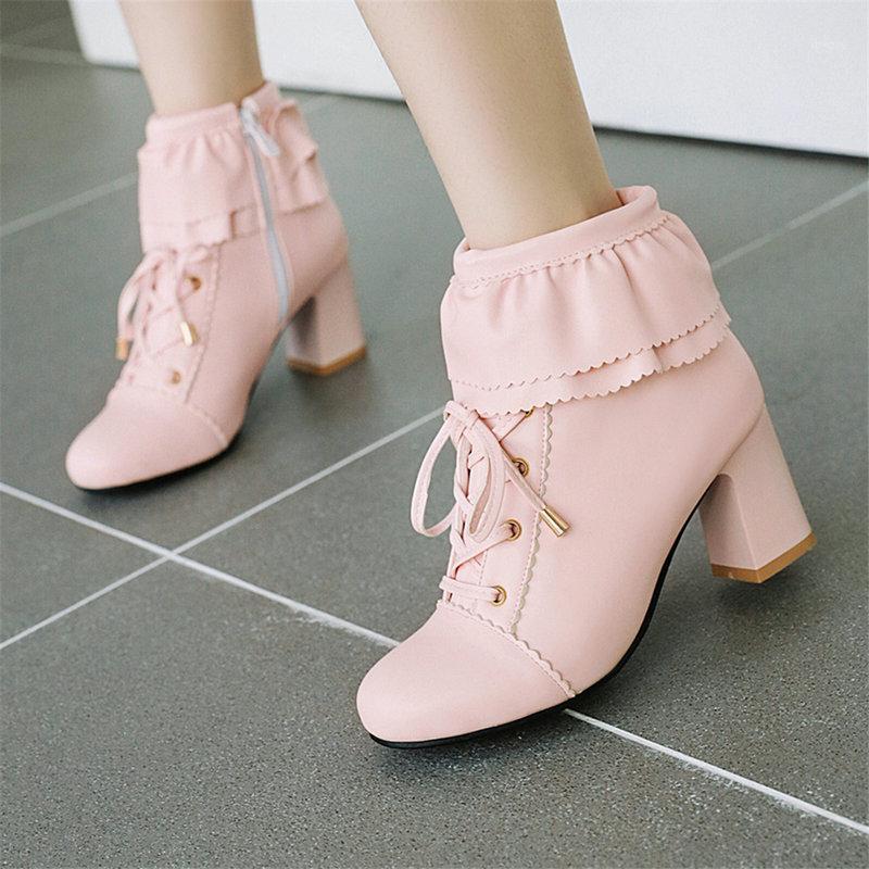 

AGODOR Womens Lolita Ankle Boots Lace Up Block High Heel Winter Boots Shoes Pink Cute Booties Shoes Round Toe Short Booties1, Black