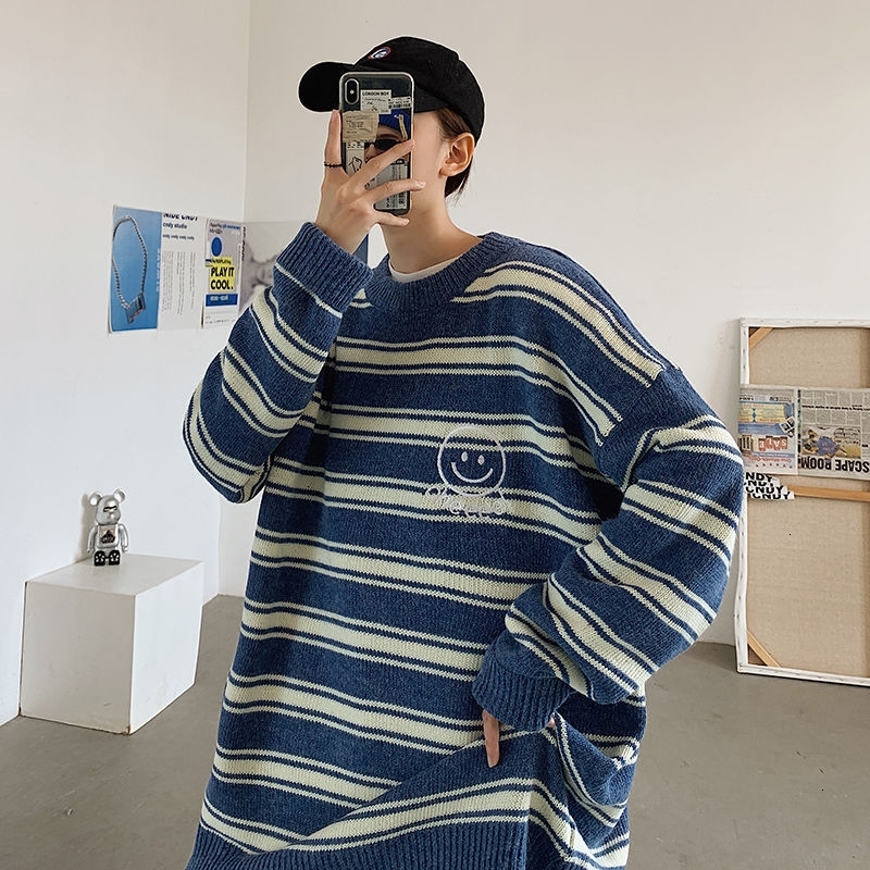 

2021 Man Stripe Smile Face Embroidered Graphic Sweater Autumn Winter New Woman Korean Streetwear Pullovers Warm Clothing Hkm7, White