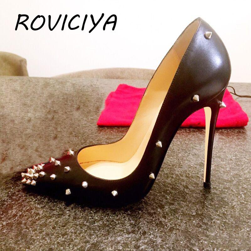 

White women high heels 12cm pumps wedding shoes rivet pointed toe women's shoes sexy shallow pumps MD030 ROVICIYA, Black