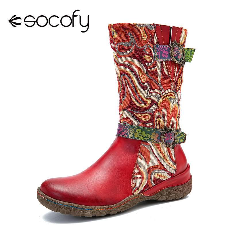 

SOCOFY Genuine Leather Fantastic Pattern Splicing Metal Buckle Soft Sole Flat Tall Boots Elegant Shoes Women Shoes Botas Mujer, Red
