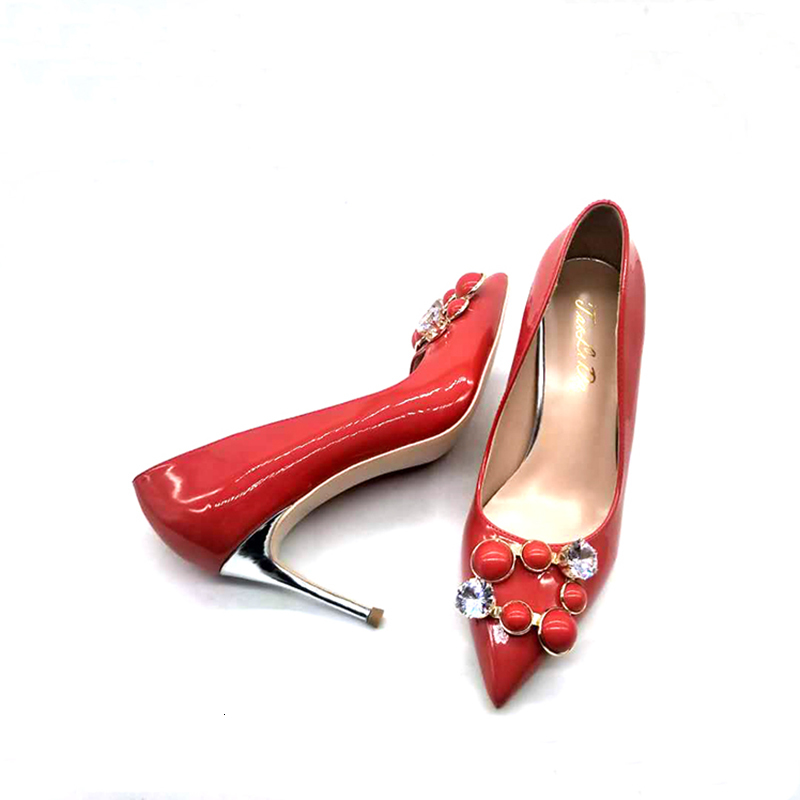 

2021 New Feel Wedding Dress Buckled Glass Shoes Show Fiancee Pointed Red Heels Women's Heels. HJZO, Red(8cm)
