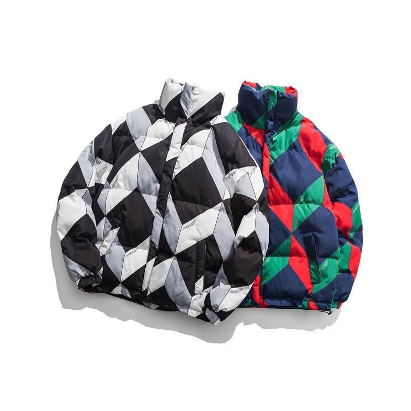 

Men's and Women's Short Thick Winter Tide Hip Hop Loose New Handsome Fried Street Plaid Contrast Cotton Jacket Coat, Black