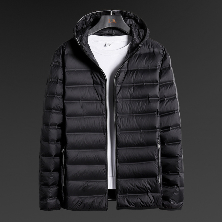 

2021 new down men's hooded stand collar short large middle-aged lightweight thin et, Black