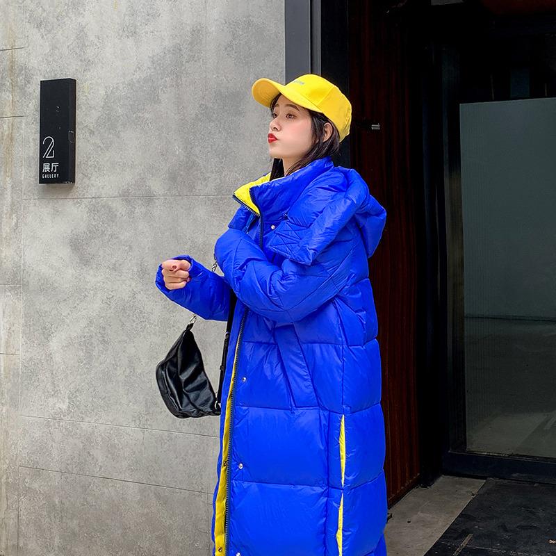 

2020 Winter Women' Long Bright Down Jacket, Hooded Stitching Warm Coat, Contrast Casual Parker, Black