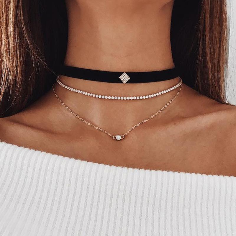 

Chokers Black Flannel Necklace Multilayer Rhinestone Chain Clavicle Woman Girl Party