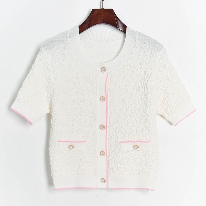 

High End Elegant Office Lady Mesh Hollow Tops Out Luxury Sleeve Buttons Short Solid White Cardigans Outerwear Sxsd, Pink.
