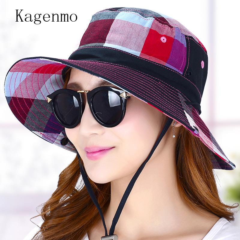 

Kagenmo Women Outdoor Leisure Sun Hat Big Brim Thin Cotton Fishing Bucket Hats Summer Female Casual Plaid Cap