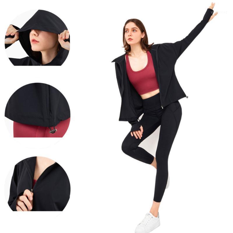 

Pure Color Zipper Hooded Sports Blouse Loose Running Yoga Gym Clothes Windproof Outdoor Jacket Long Sleeve Thin Sports Jacket1, Black