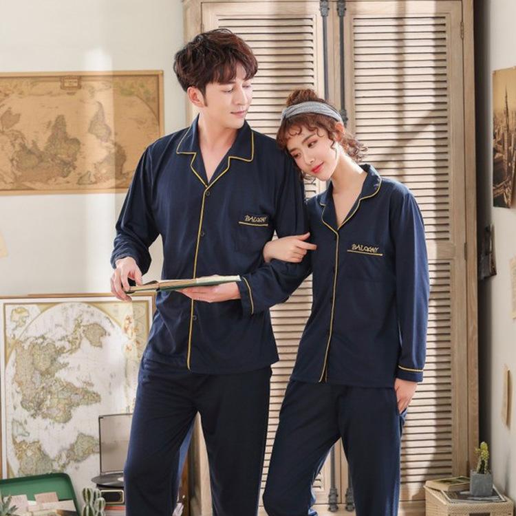 

2020 New Style Spring and Autumn Couples Pajamas Korean-style Long-sleeved Cardigan Fold-down Collar Casual Solid Color Men and, Men s