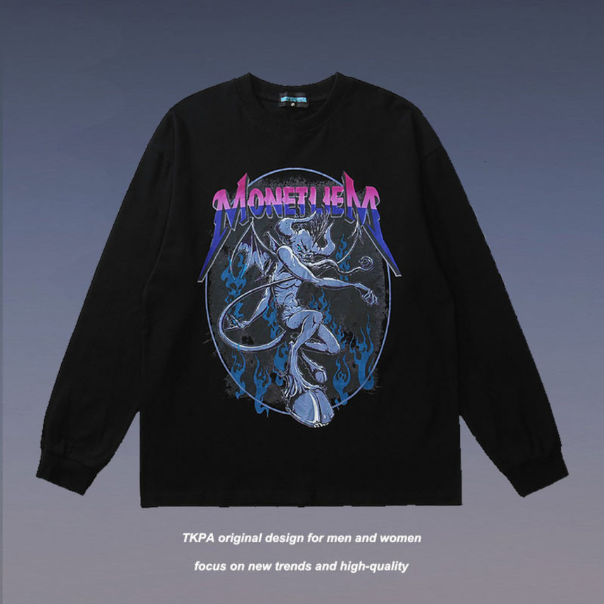 

Tkpa Street print men's and women's long sleeve Hoodies loose casual hip hop high street fashion brand thin top sweater, Black