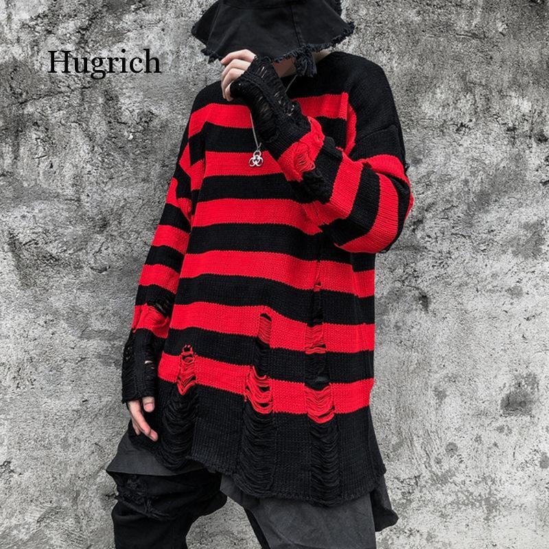 

Black Red Striped Sweaters Washed Destroyed Ripped Men Hole Knit Jumpers Men Women Oversized Sweater