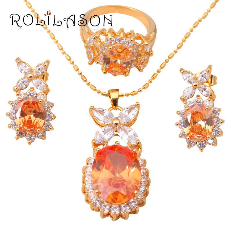 

Gold Tone Earring Necklace Fashion Jewelry Sets for Women Ring Champagne Crystal Sz #6 #7 #8 #9 JS2421, As pic