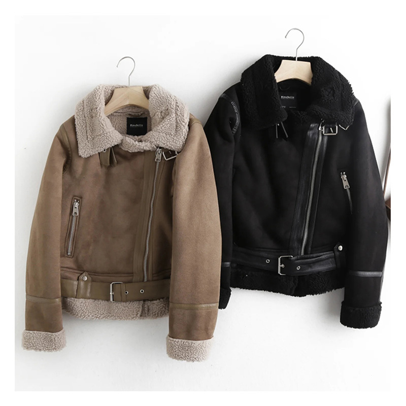 

2021 New Winter of Women in Leather Plutonium Jacekt Streetwear Feminine Lapel Suede Thick Warm Jacket with Black Belt 6N27, Khaki.