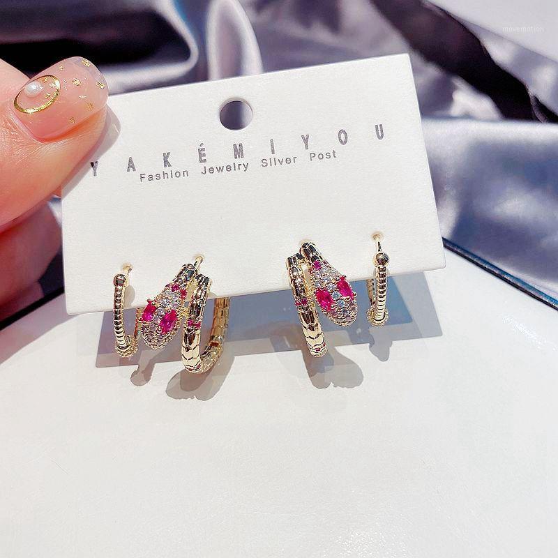 

MIGGA Luxury Red CZ Stone Snake Earrings Gold Color Cubic Zirconia Hoop Earrings Pack for Women Party1