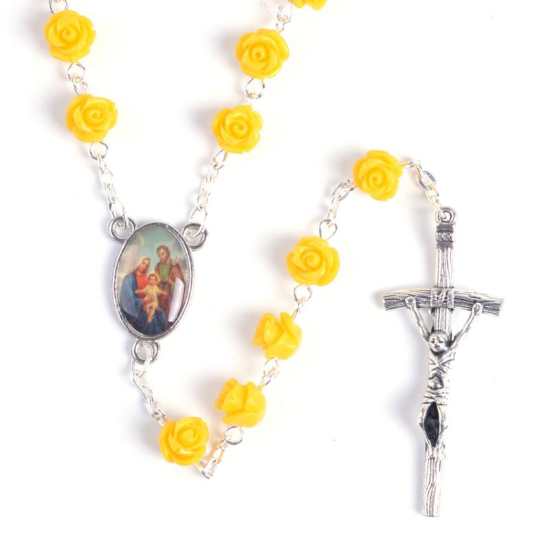 

Trendy Popular Religious Flower Shaped Stone Beads Holy Family Rosary Necklace