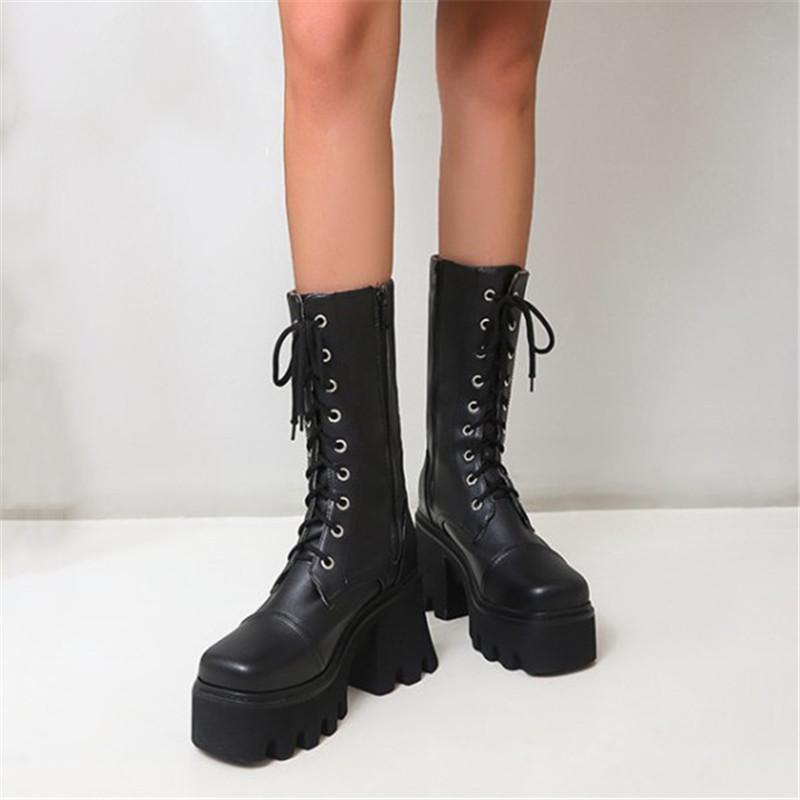 

PXELENA Vintage Chunky Block High Heel Platform Boots Women Lace Up Thick Sole Combat Army Punk Rock Gothic Shoes 35-44, Black