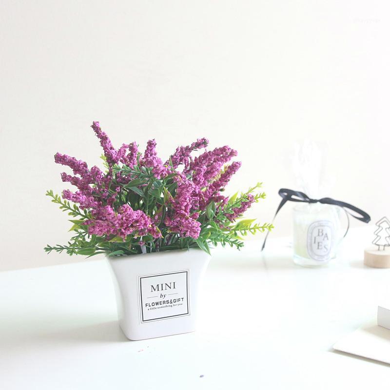 

Artificial Flower Bonsai Set Foam Lavender Fakel Flower Potted Decorative Crafts Ceramic T-Shaped Cup Ornaments for Home Decor1, Pink