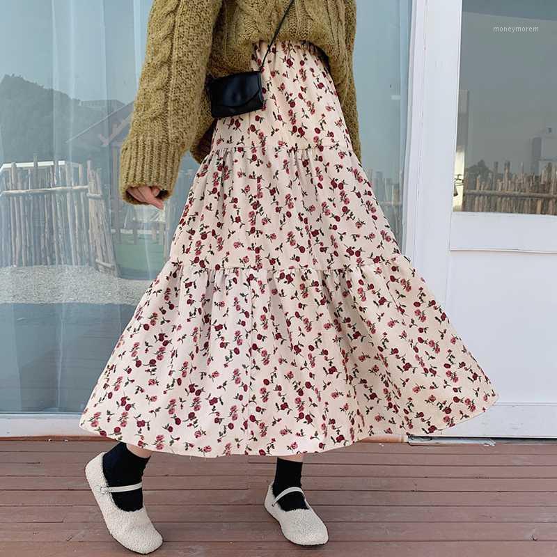 

Skirts Womens Floral Vintage Sweet Lovely All-match Chic High Elastic Waist Long Skirt Harajuku Kawaii Female Korean Style New1, Red