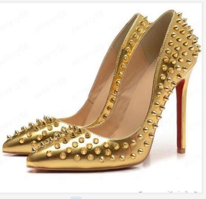 

2020 Brand Shoes Red Sloe Women Pumps High Heels Shoes Black Rivet Pointed Toe Fine Heel Lady Wedding Shoes Bottom For The Red 8cm 10cm 12cm, As picture