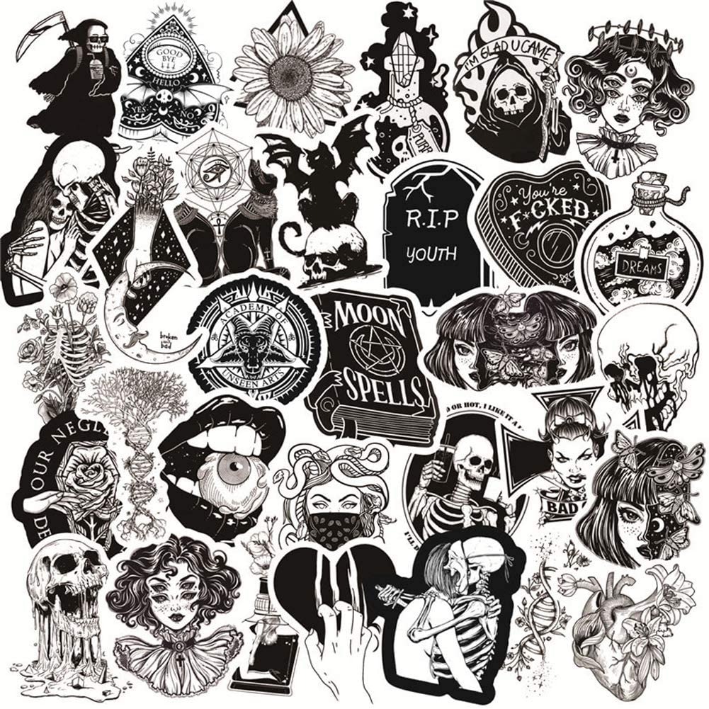 

50pcs/Lot Gothic Stickers for Water Bottle,Black White Skull Stickers,Waterproof Vinyl Stickers Perfect for Laptop Phone Car Skateboard