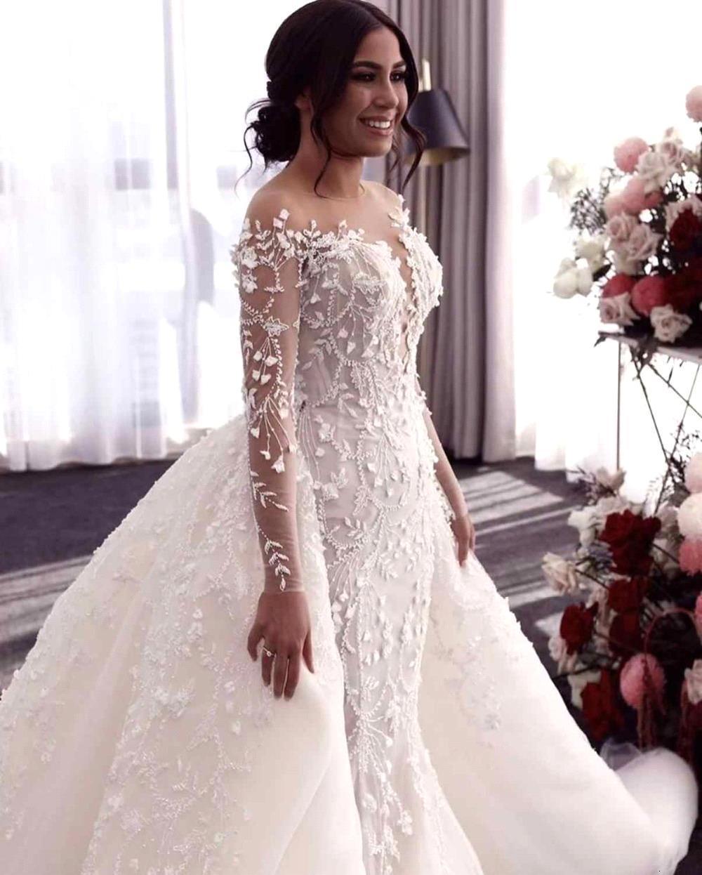 

2021 New Arrival Dear Mermaid Court Apply Sleeve Wedding Dress with Detachable Train DGB9, Ivory