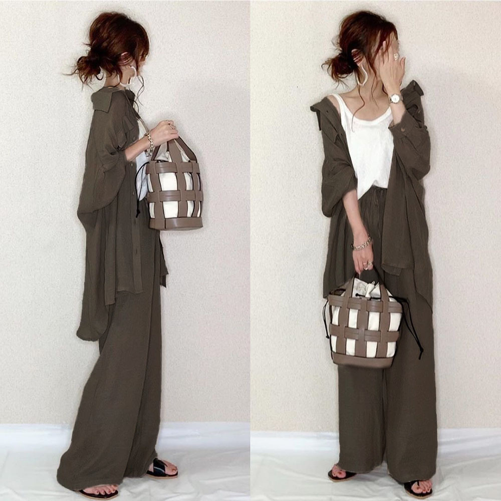 

2021 New Piece for Women Wide Legs Pants Long Sleeve Blouse Fall Female Fashion Japan Chic Loose Sets 8D7P, Khaki