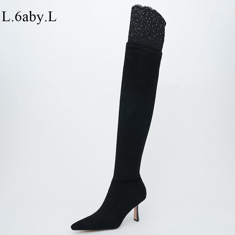 

2020 Fashion New Lady Elastic cloth Long Boots Over the Knee High Boots Short Plush Lining Warm Casual French Retro Black 33-41