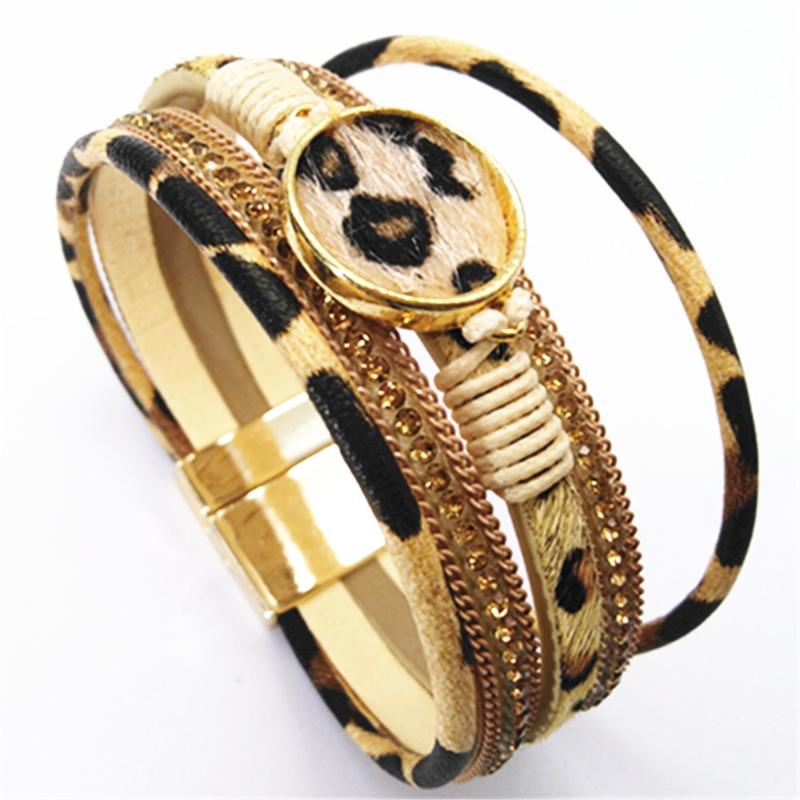 

Magnet Elegant New Handmade Fashion Black Leopard Leather Bracelets Women Multilayer Bangle Female Wedding Jewelry Gifts