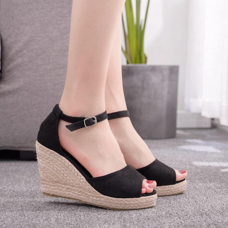 

9 Cm Wedges Straw High-Heel Sandals Bohemian Style Fish Mouth Sandals Small Size Womens Shoe Concise Comfort High Heels 32,33,441, Black 9cm
