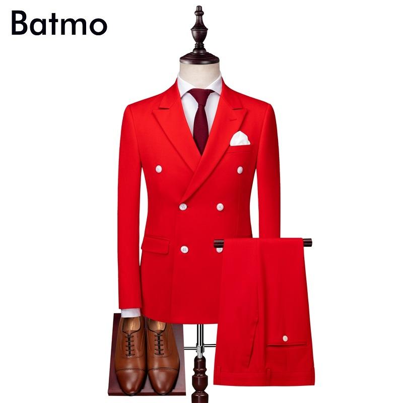 

BATMO 2020 new arrival spring high quality Double Breasted skinny casual suits men,men's wedding dress,jackets+pants+vest XZ137, Red