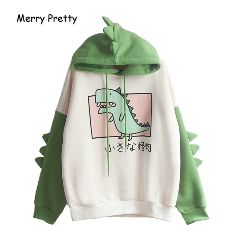 

Merry Pretty Women Dinosaur Sweatshirts Hooded Warm Fleece Hoodies Pullovers With Horns Harajuku Hooded Girls Teens Green Hoodie 201216, Cotton t-shirt