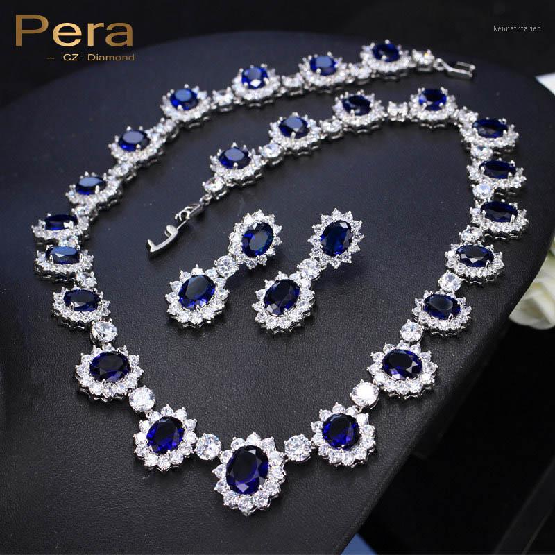 

Pera CZ Big Round Cubic Zirconia Bridal Wedding Royal Blue Stone Necklace And Earrings Jewelry Sets For Brides J1261