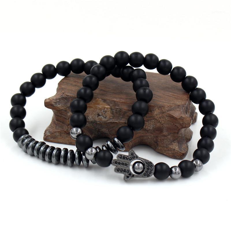 

2Pcs/Set Luxury CZ Paved Fatima Hand Bracelet Sets Charm 8mm Black Stone Beads Couple Braslet For Male Hand Jewelry Accessorie1