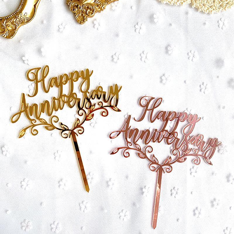 

New Happy Anniversary Acrylic Cake Topper Rose Gold Mirror Acrylic Cake Toppers For Wedding Anniversary Party Decorations1
