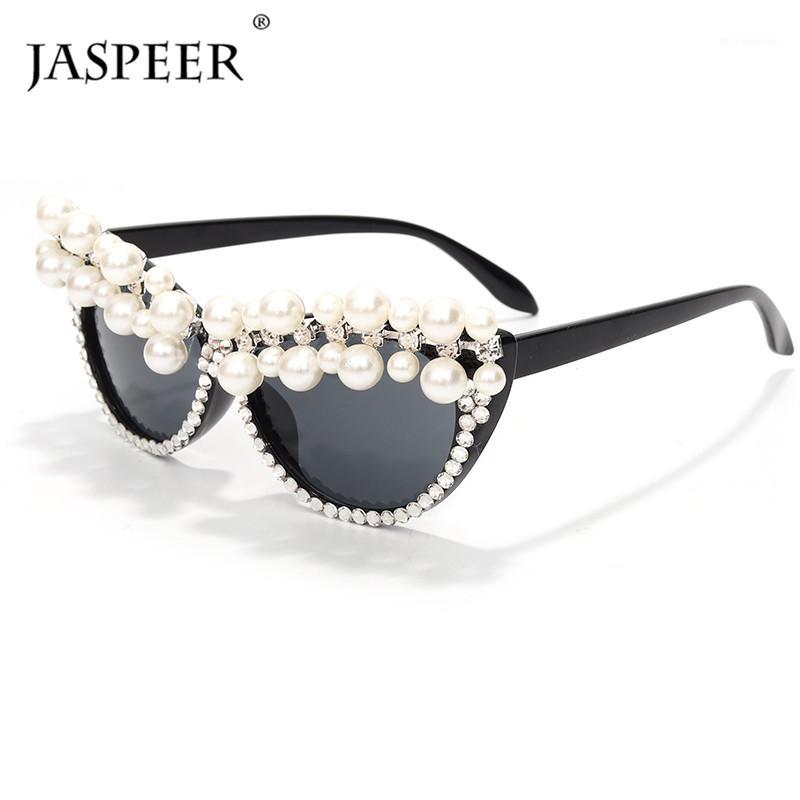 

JASPEER 2020 Pearl Cat Eye Sunglasses Women Vintage Rhinestone Sunglasses Men Designer Retro Diamond1
