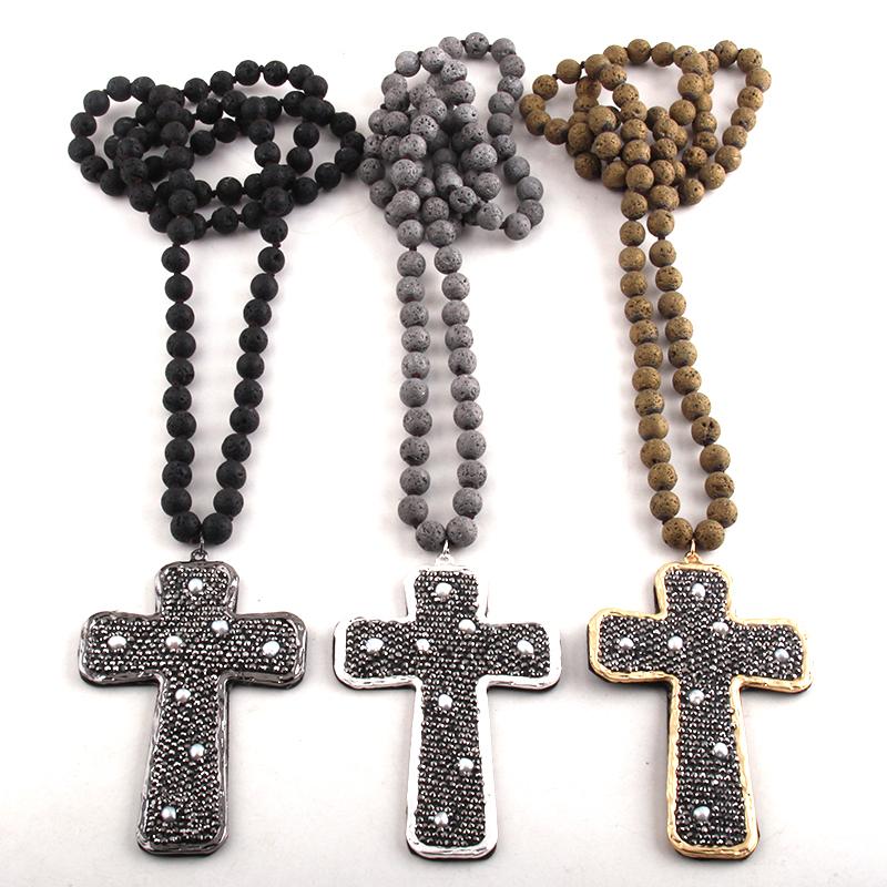 

Fashion Bohemian Tribal Jewelry Lava Stone Long Knotted Paved Pearl decoration Cross Necklaces