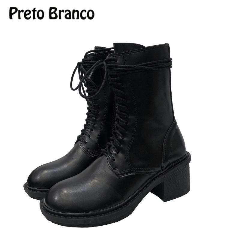 

PRETO BRANCO Boots Chunky-Heel Semi-High 6cm Heeled Autumn and Winter Red Boots Wild Lace Platform -560-1, Black