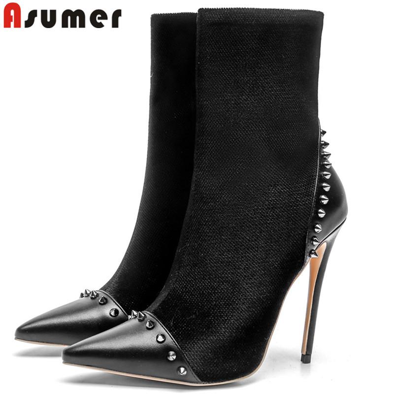 

ASUMER 2020 fashion autumn winter shoes woman pointed toe zip ankle boots women flock thin high heels boots big size 33-43, Black