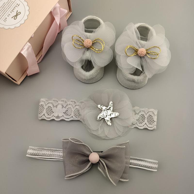 

3Pcs/Set Baby Girl Headband Socks Set Lace Flower Bows Newborn Hair Bands Headbands For Girls Turban Baby Hair Accessories, Pink 05 no box