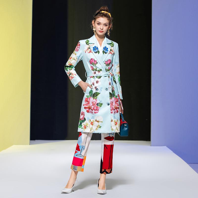 

Windbreaker High Quality Autumn New Women' Rose Print Lapel Double Breasted Belt Slim Fit Vintage Elegant Fashion Midi Coat, Sky blue