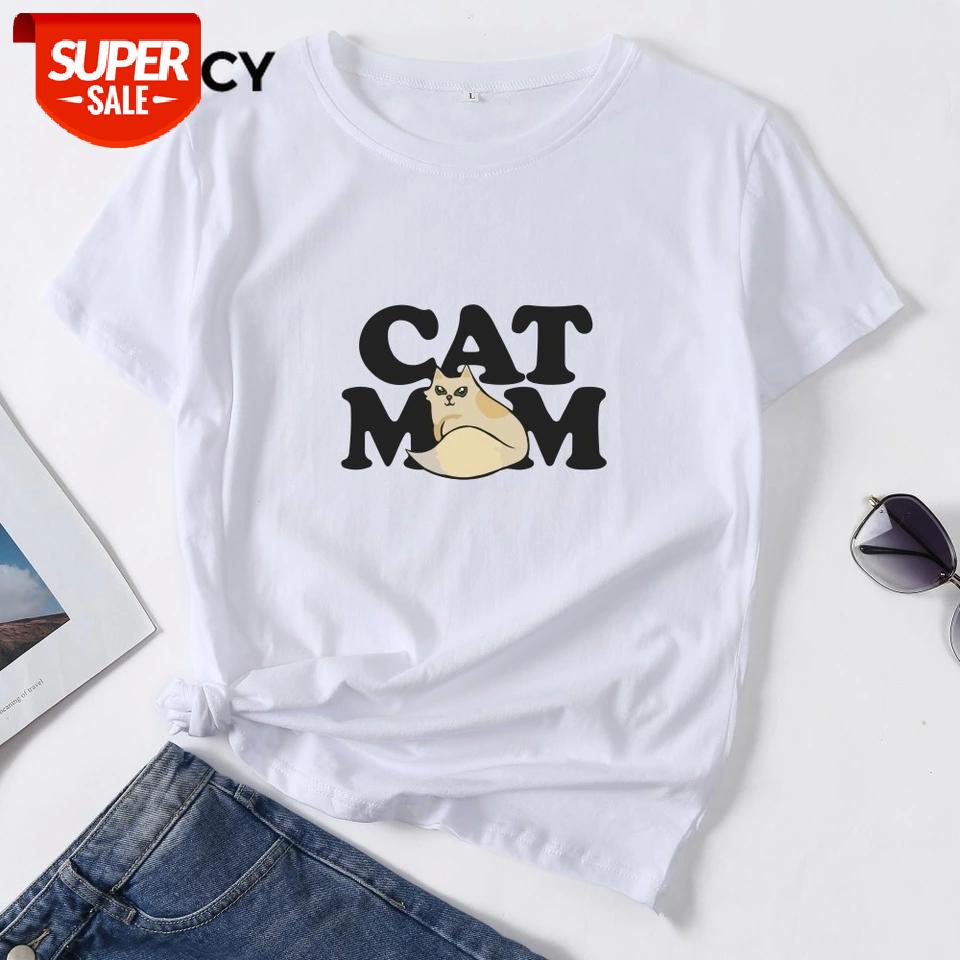 

JFUNCY 6 Colors Plus Size Summer Women Cotton T-shirt Vogue Cat Mom Printed Tshirt Female T Shirts Woman Tops 2020 New Lady Tees #Hf4V, White