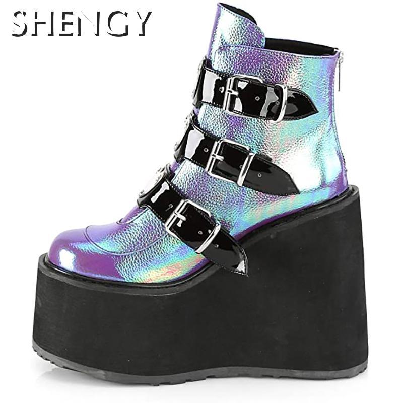 

SHENGY Autumn Women Boots Platform Fashion Thick Bottom Ankle Boots Women Shoes Woman Wedges Lace Up Buckle Ankle Heel, White