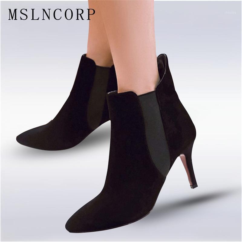 

Size 34-43 Genuine Leather Women Sexy Pointed Toe Stiletto High Heels Ankle Boots Ladies Shoes Party Dress Thin Heel Short Boots1, As photo