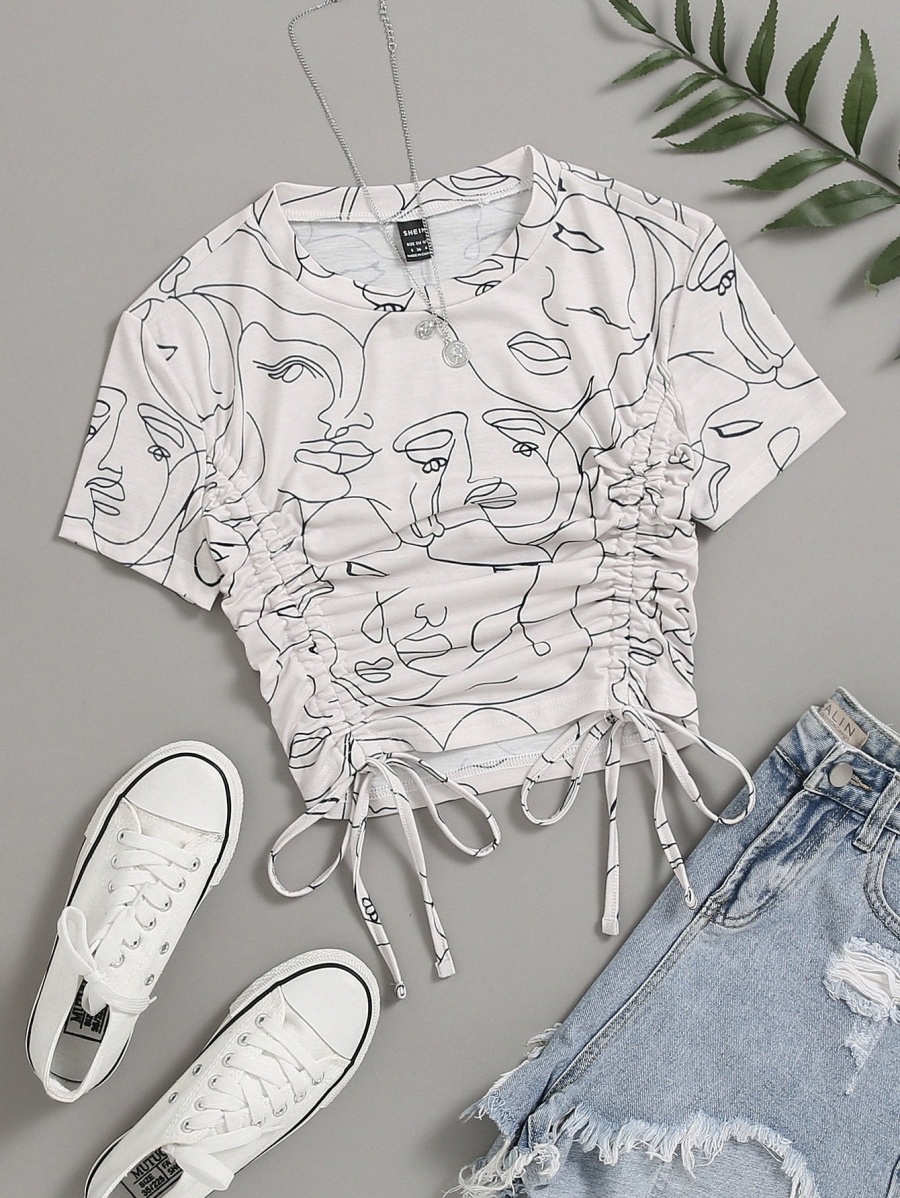 

Abstract Figure Graphic Drawstring Front Tee 75P8#, White