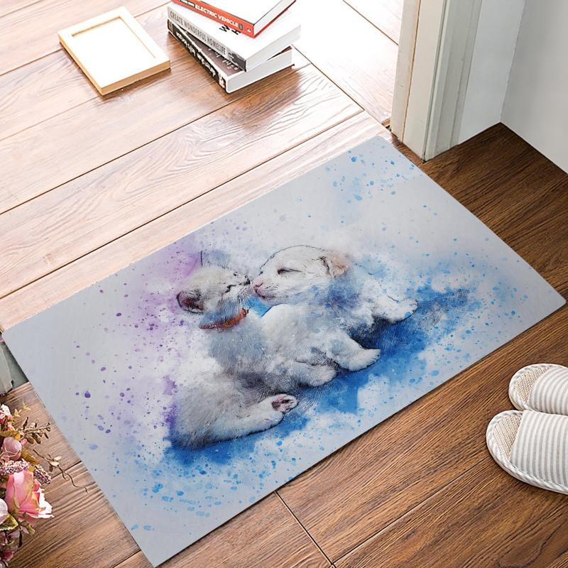 

Large Outdoor Door Mats Rubber Shoes Scraper for Front Door Entrance Outside Doormat Watercolor Cat Puppy, As pic