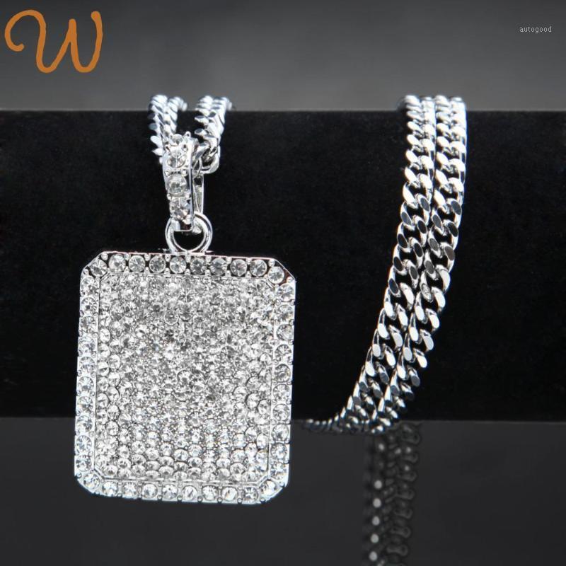 

Chains Mens Full Iced Out Rhinestone Gold Silver Color Square Dog Tag Pendant Cuban Chain Necklace1