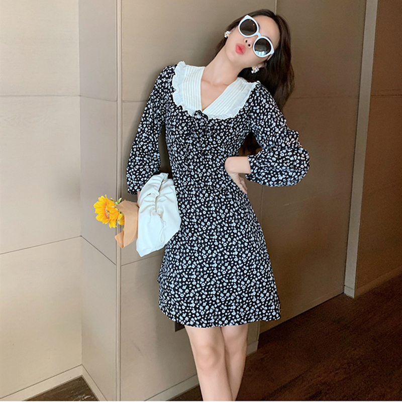 

2021 New Boho Style Floral Print Pleated Long Sleeve Women Mini o Neck Ladiesbeach Sun Ropa Mujer Pln1, The picture color