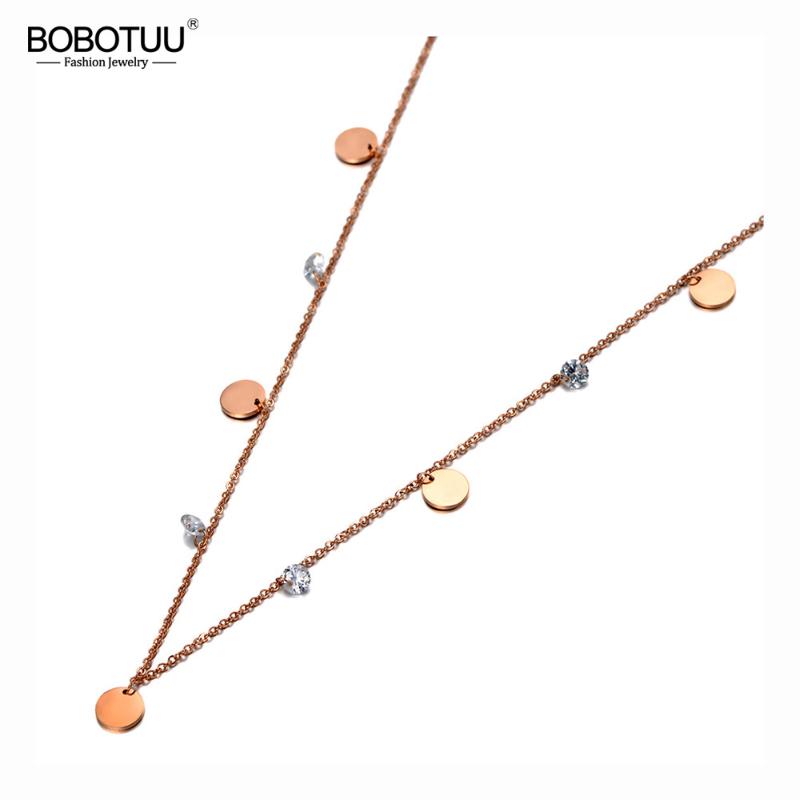 

BOBOTUU Fashion Stainless Steel Small Disc Charm Choker Necklaces Bohemia CZ Crystal Pendant Necklace For Women Girls BN20008