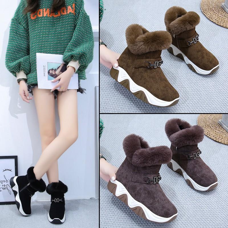 

2020 winter women's shoes European and American fashion mid-heel short round toe solid color suede warm snow boots, Black