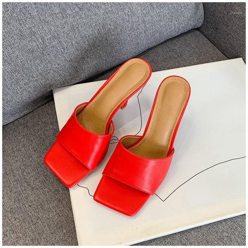 

New 2020 Summer Women's Slippers High Quality Elegant Square Toe High Heels Sandal Ladies Outdoor Beach Slides Shoes1, Beige